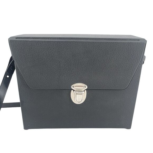 Vintage Black Faux Leather Structured Push Lock Binoculars Crossbody Case Bag - Picture 1 of 11